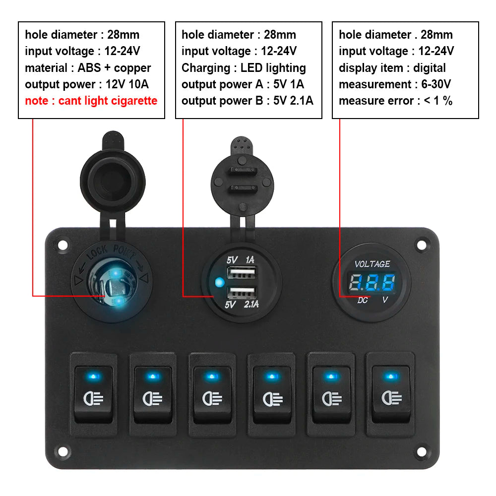 24V 12V Switch Panel 6 Buttons USB Chargers Car Light Toggle Truck Power Adapter Accessories For Boat Marine Trailer RV Caravan