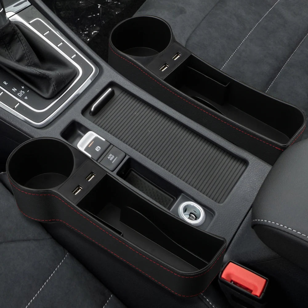 Car Organizer Auto Crevice Pocket USB Chargers Phone Bottle Cups Holder Seat Gap Slit Leather Storage Box Car Accessories