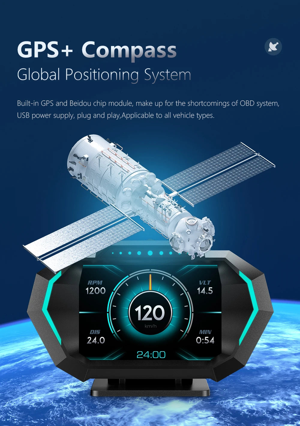 OBD + GPS HUD P24 Car OBD Head Up Display HUD on Board Computer Digital Speedometer Water Temp Fuel Consumption Slope Meter