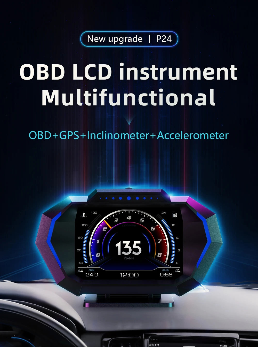 OBD + GPS HUD P24 Car OBD Head Up Display HUD on Board Computer Digital Speedometer Water Temp Fuel Consumption Slope Meter