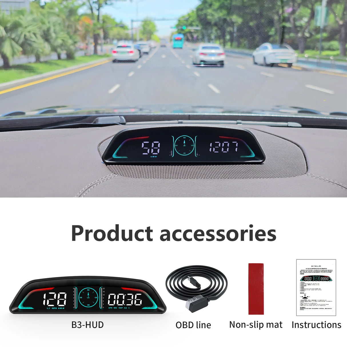 New Car HUD B3 OBD Head Up Display Multifunctional Display of Time Speed Driving Distance Driving Time Fuel Consumption Voltage