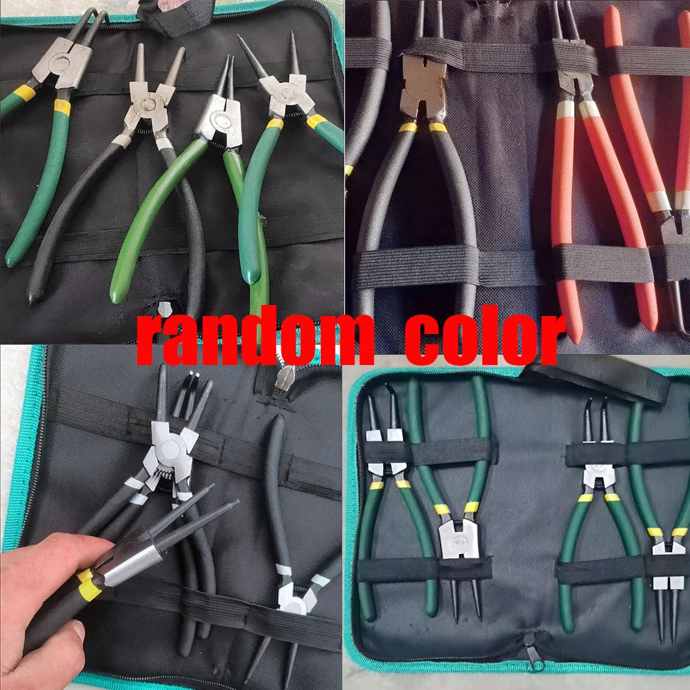 4Pcs Long Nose Plier Circlip Set with Storage Bag 7'' Pliers Staight Bent Plier Inner Outer Retaining Snap Ring Remover Tool