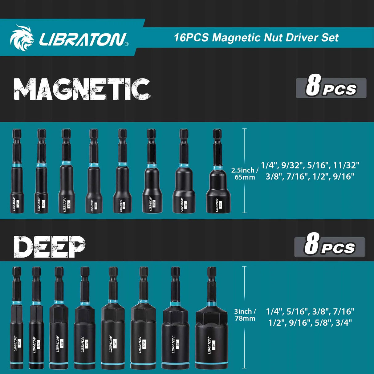 LIBRATON 16PCS Magnetic Nut Driver Set, 1/4"-9/16" Nut Drivers and 1/4"-4/3" Deep Nut Drivers, SAE Nut Driver for Impact Drills