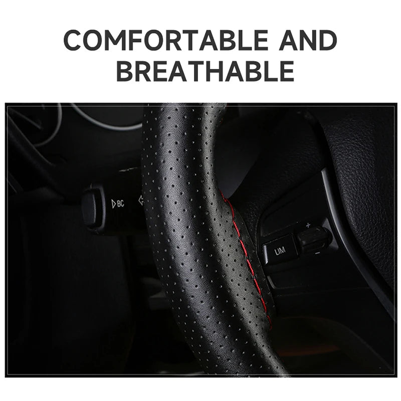 SEAMETAL Genuine Leather Car Steering Wheel Cover with Needles Thread DIY Braid 37-38cm Anti-Slip Cowhide Steer-Wheel Protector