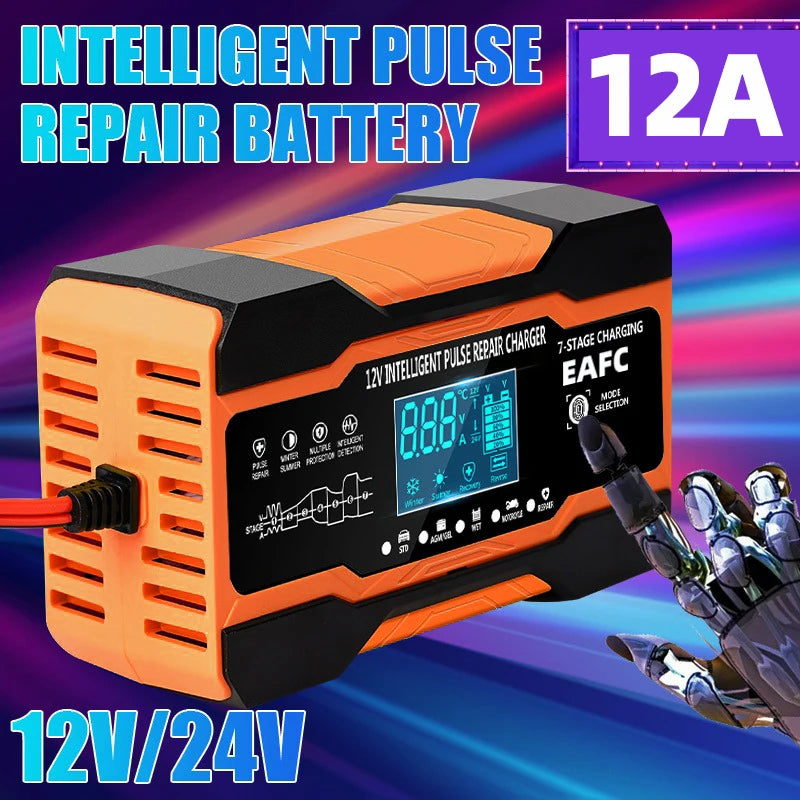 EAFC 12V 12A Car Battery Charger 240W Fully Automatic Pulse Repair Charging Suitable for Car Motorcycle AGM GEL WET Lead Acid