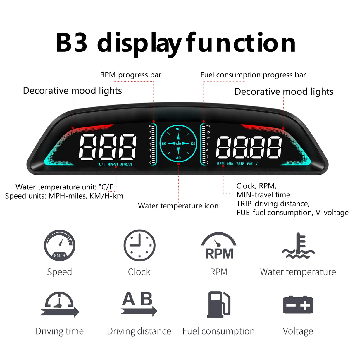 New Car HUD B3 OBD Head Up Display Multifunctional Display of Time Speed Driving Distance Driving Time Fuel Consumption Voltage