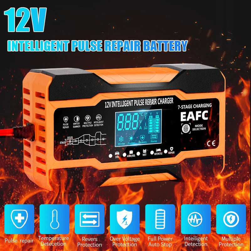 EAFC 12V 12A Car Battery Charger 240W Fully Automatic Pulse Repair Charging Suitable for Car Motorcycle AGM GEL WET Lead Acid