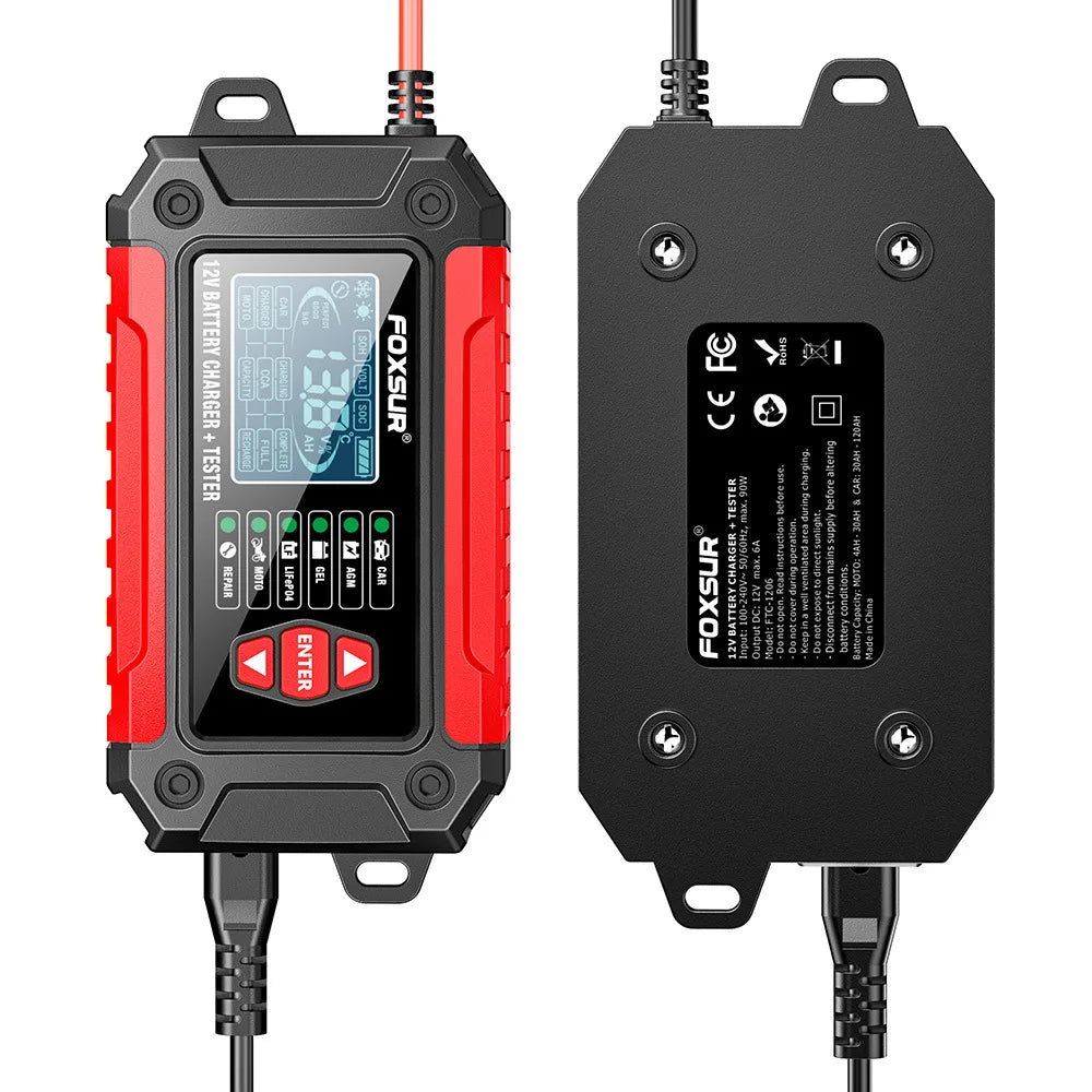 FOXSUR 12V Car Battery Charger CCA SOH Volt SOC Tester Analyzer, Motorcycle AGM GEL LiFePO4 Battery Charging for Boat Lawn Mower