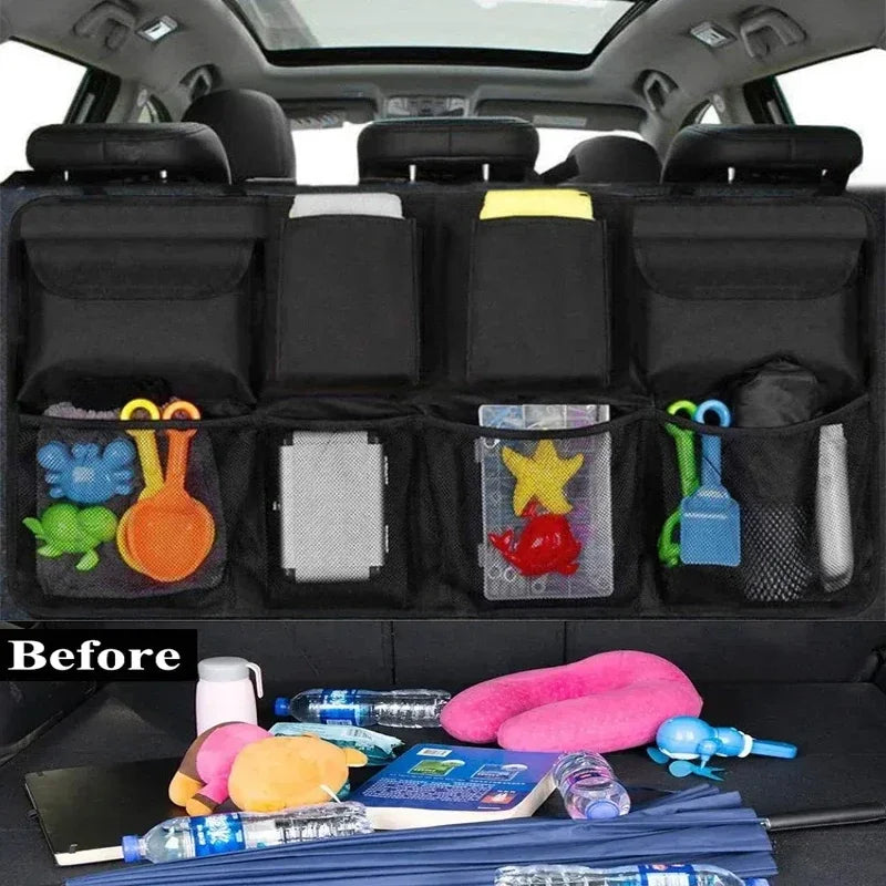 Car Trunk Organizer Rear Seat Back Storage Bag Net High Capacity Hanging Tidying Interior Pouch Auto Accessories Supplies Tools