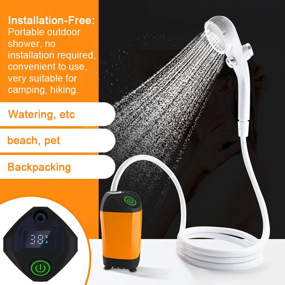 Outdoor Camping Shower IPX7 Waterproof Orange with Digital Display Portable Electric Shower Pump for Hiking Travel Pet Watering